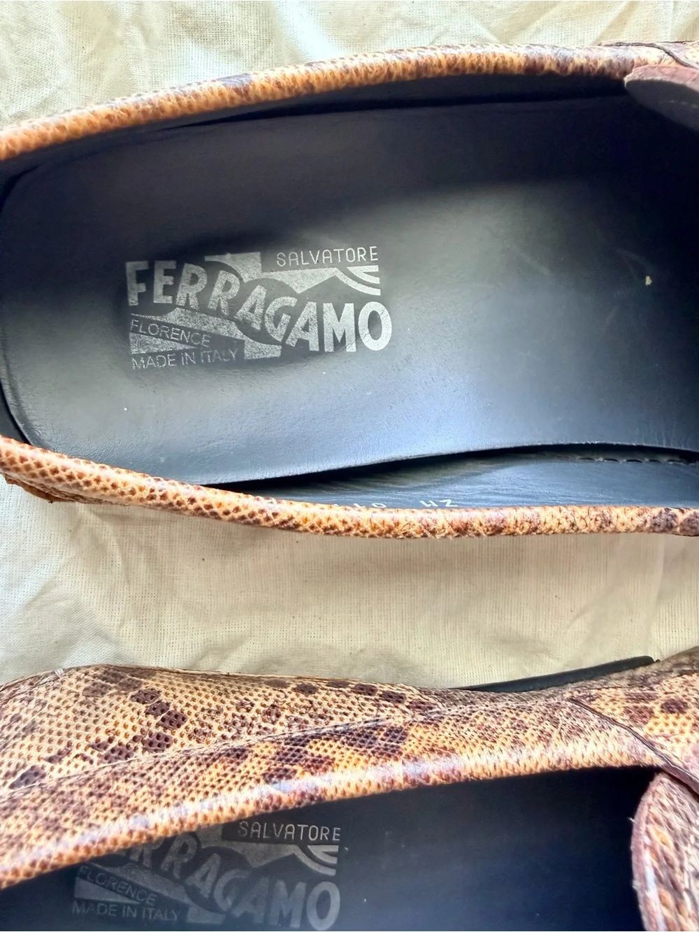 Salvatore Ferragamo Tan/Brown Snake-Print Leather Bit Loafers